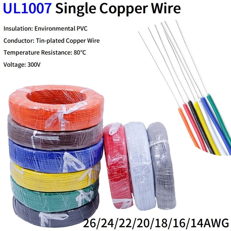 5M/50M Single Core Wire UL1007 PVC Tinned Copper Line 14/16/18/20/22/24/26 AWG Solid Cord LED Line DIY Equipment Electric Cable.