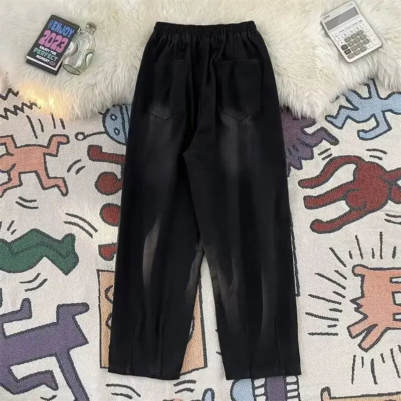 2024 New Trendy Wide-Leg Jeans Men's Loose-Fit Straight-Leg Casual Long Pants Vintage Washing Distressed Style.