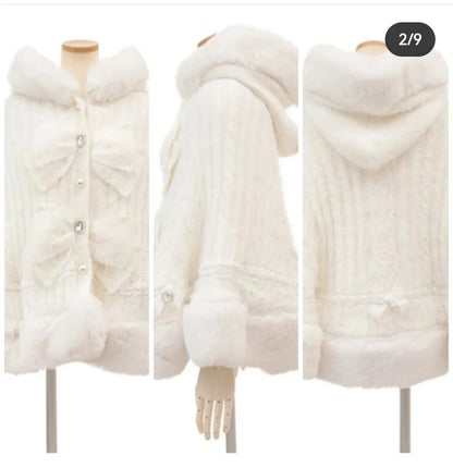 Japanische Liz Süße Prinzessin Faux Kaninchen Fell Cape Mantel Frauen Herbst Winter Pelz Jacke Lose Uhr Strass Bogen Mit Kapuze Mantel