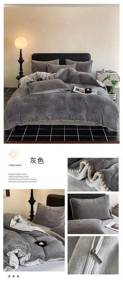 2024 new matte thin strip shell edge winter bed four-piece set milk fleece coral fleece thickened warm bed sheet quilt cover