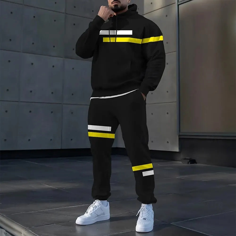 Simple Stripe Print Men's Hoodies Sets Autumn Winter Casual Sweatshirt Pants 2 Piece Fashion Tracksuits Outdoor Street Clothing.