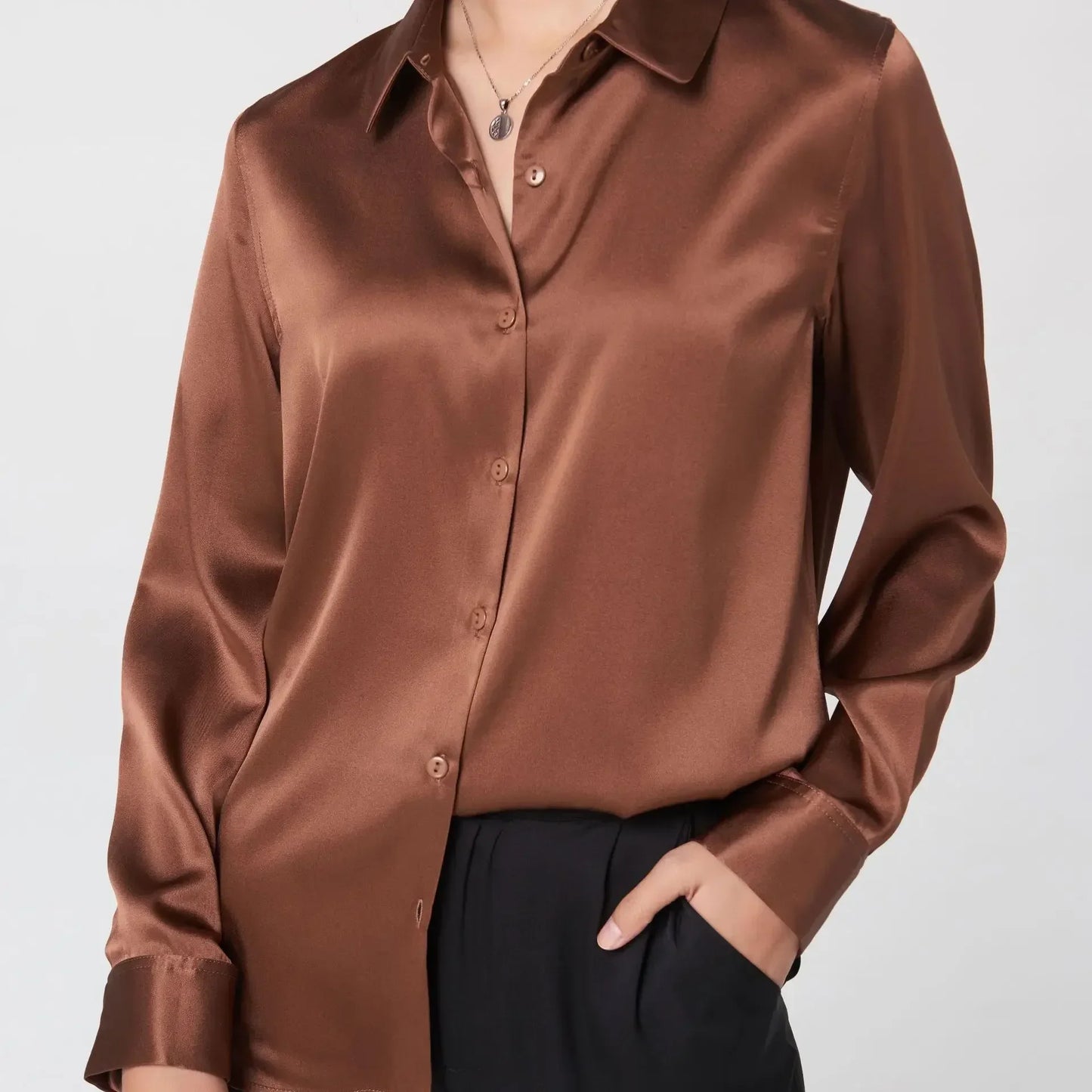Woman Silk Shirt Long-sleeved Satin Women Blouse 19mm Mulberry Silk Blouse Loose Versatile Base Shirt 95% Natural Silk+5%Spandex