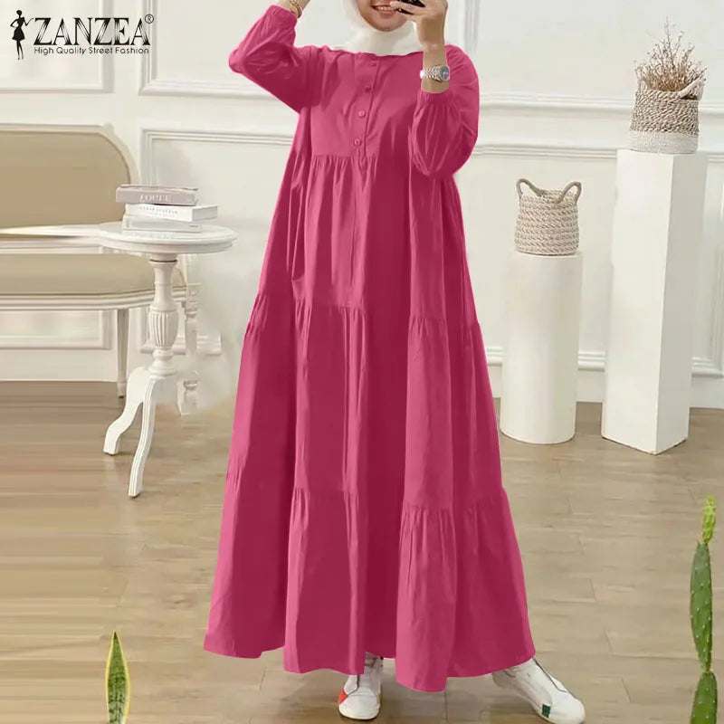ZANZEA O Neck Casual Loose Maxi Dress Tiered Islamic Hijab Women Long Sleeve Long Vestidos Muslim Fashion Autumn Abaya Robes.