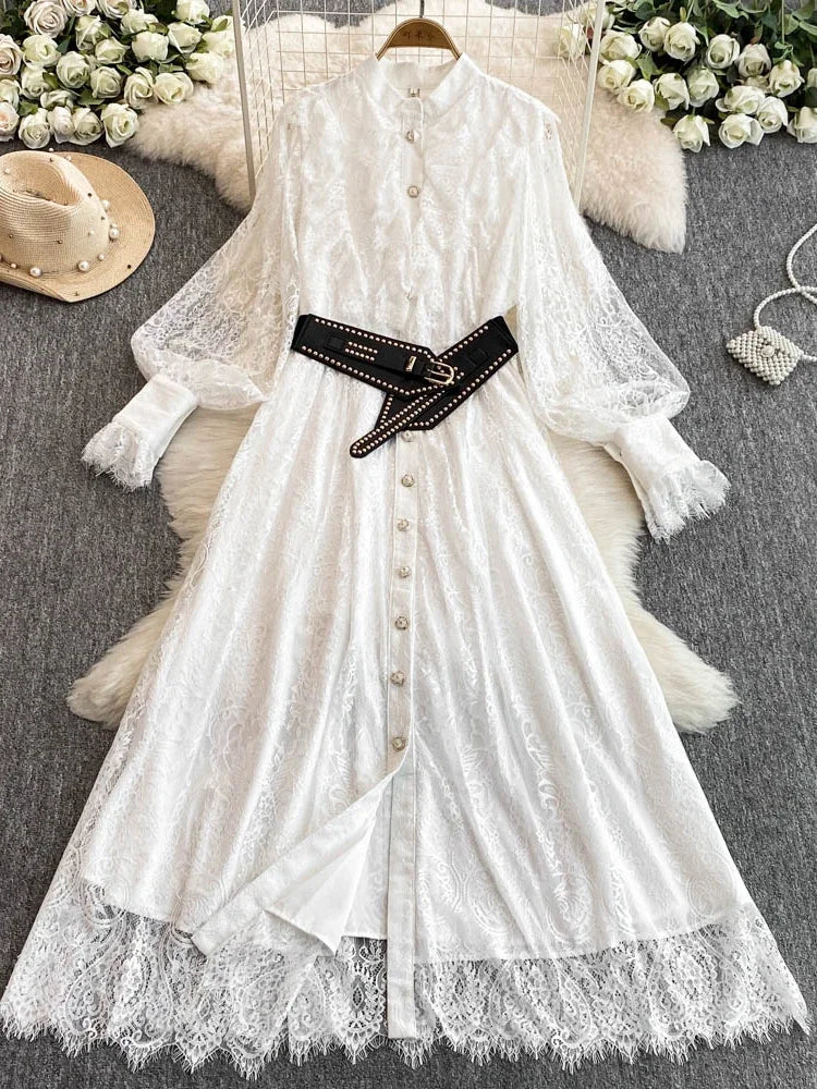 Neue Frühling Herbst Spitze Kleid für Frauen Weiß Schwarz Elegante Taille Langarm Stil Geburtstag Party Kleid Weibliche C186.