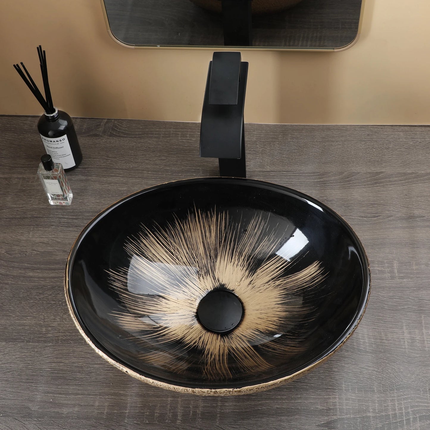 KEMAIDI Ovales Waschbecken mit Wasserhahn, weiße Marmorierung, Badezimmer-Waschbecken über der Theke, Keramik-Waschbecken für Badezimmermischer