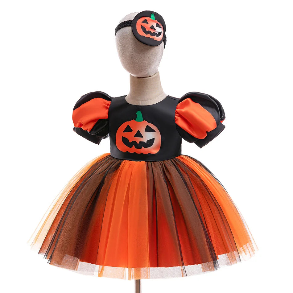 Kleinkind Halloween Kostüm Mädchen Cosplay Hexe Kürbis Skelett Druck Bowknot Kleid Kinder Festival Party Performance Kleidung