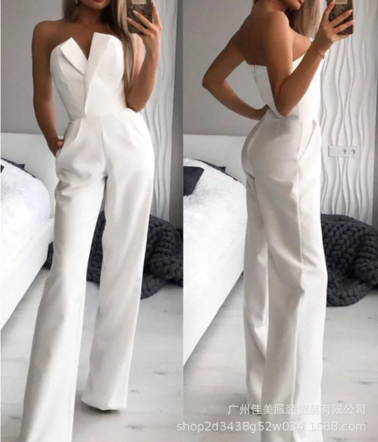 2025 Women's Elegant Jumpsuits Solid Off Shoulder Sexy Club Jumpsuit Female Sleeveless High Waist Slim Wide Leg Jumpsuit Pants.
