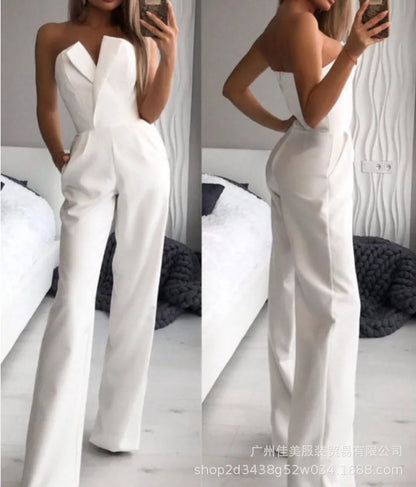 2025 Women's Elegant Jumpsuits Solid Off Shoulder Sexy Club Jumpsuit Female Sleeveless High Waist Slim Wide Leg Jumpsuit Pants.