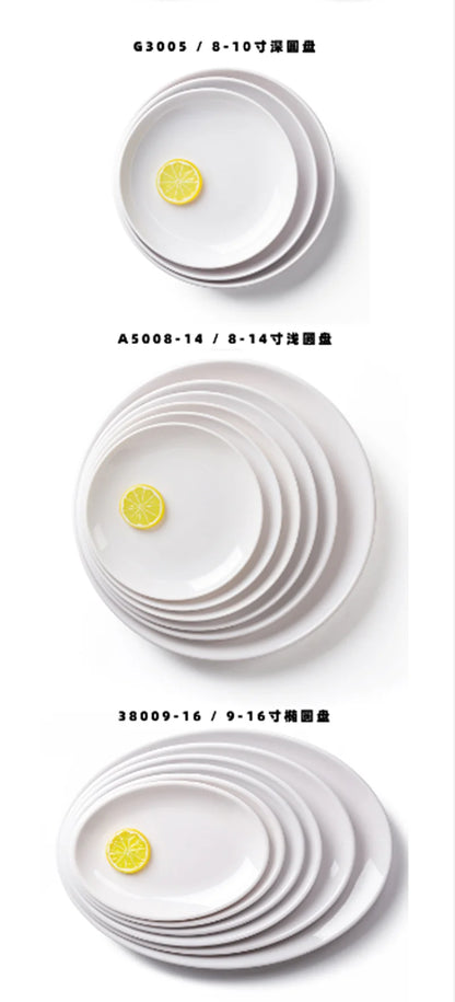 Deep Round Melamine Dinner Plates White Hotel Serving Tray Table Dishes Imitation Porcelain Dishes to Eat Kitchen Dining Sets.