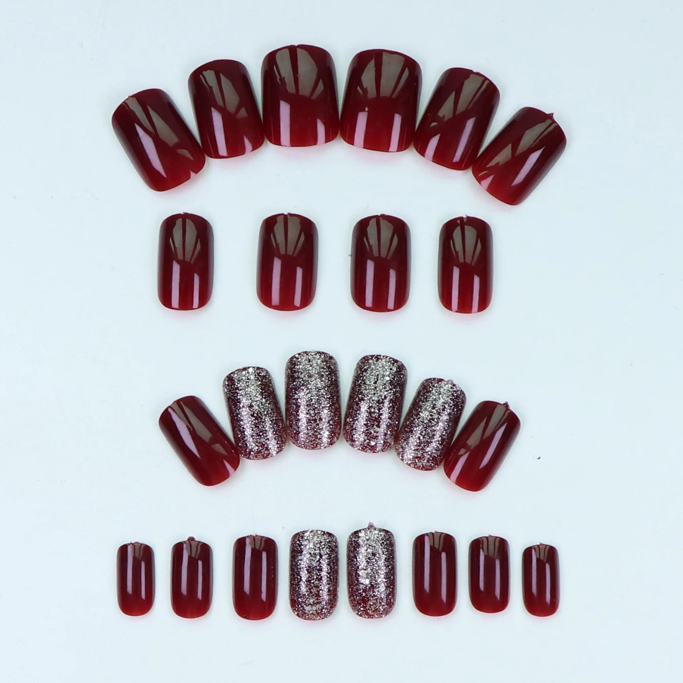 24PCS- wine red square fake nails, silver glitter inlay, exquisite elegance, fashion generous, suitable for dating, dinner.