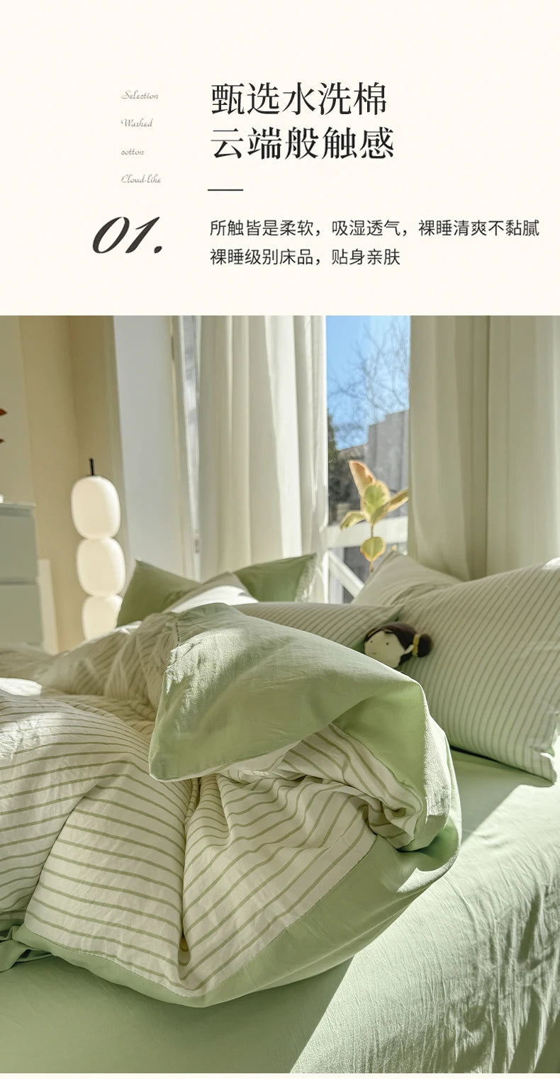 Washed Cotton Duvet Cover Set Quilt Set Ins Nordic Minimalist Style Grey Strip Bed Set Home Textile Bedding Set Bed Sheets 2025.