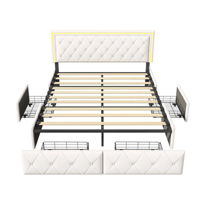 Lazyspace 4 Schubladen + RGB-LED-Kopfteil-Bettgestell, PU-Polsterbett, moderne Queen-Size-Einzel-Doppelbetten, Schlafzimmermöbel