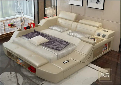 Premium Tech Smart Multifunktions-Bettgestell mit echtem Leder, Bluetooth-Lautsprecher