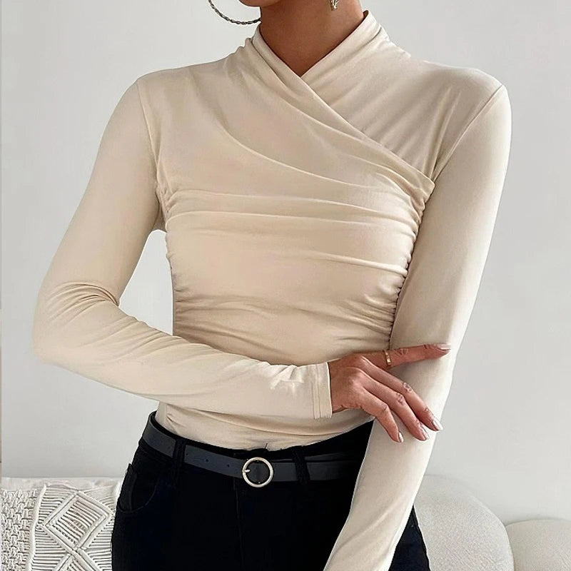 Sexy Elegant Fall Winter Long Sleeve Cross Pleated Pullover Women's Modal Solid Color Irregular Tops Street Daily Versatile Tees.