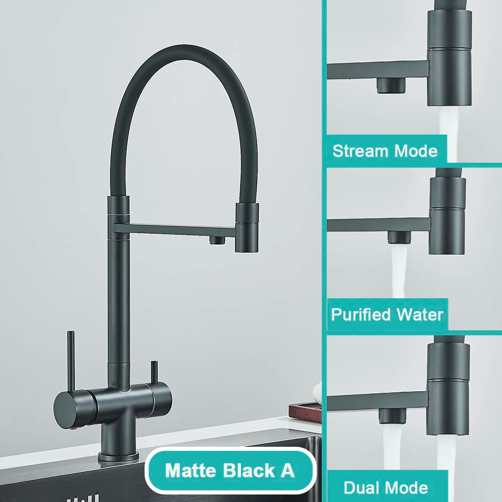 Gray Filtered Kitchen Faucet Dual Spout Hot Cold Mixer Purification Water Crane Filter Water Faucet Deck Mount