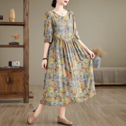Kurzarm übergroße Baumwolle Satin Vintage Blumen neu in Kleidern für Frauen lässig lose lange Sommerkleid elegante Kleidung.