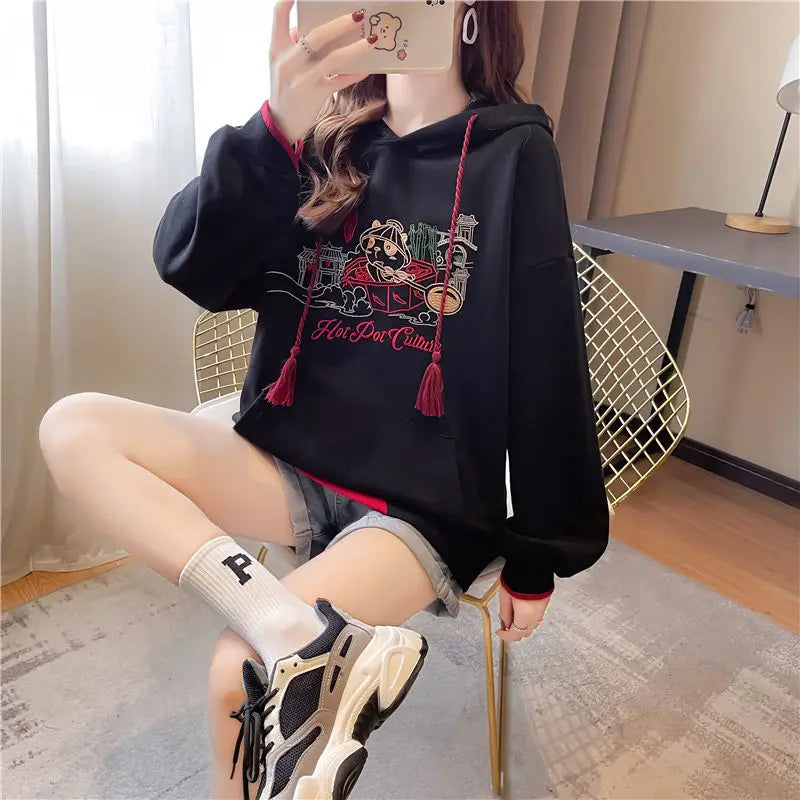 Embroidered Hoodies Sweatshirt for Women Chinese Style Cheap on Promotion Y 2k Vintage Coat Spring and Autumn Woman Hooded Tops.