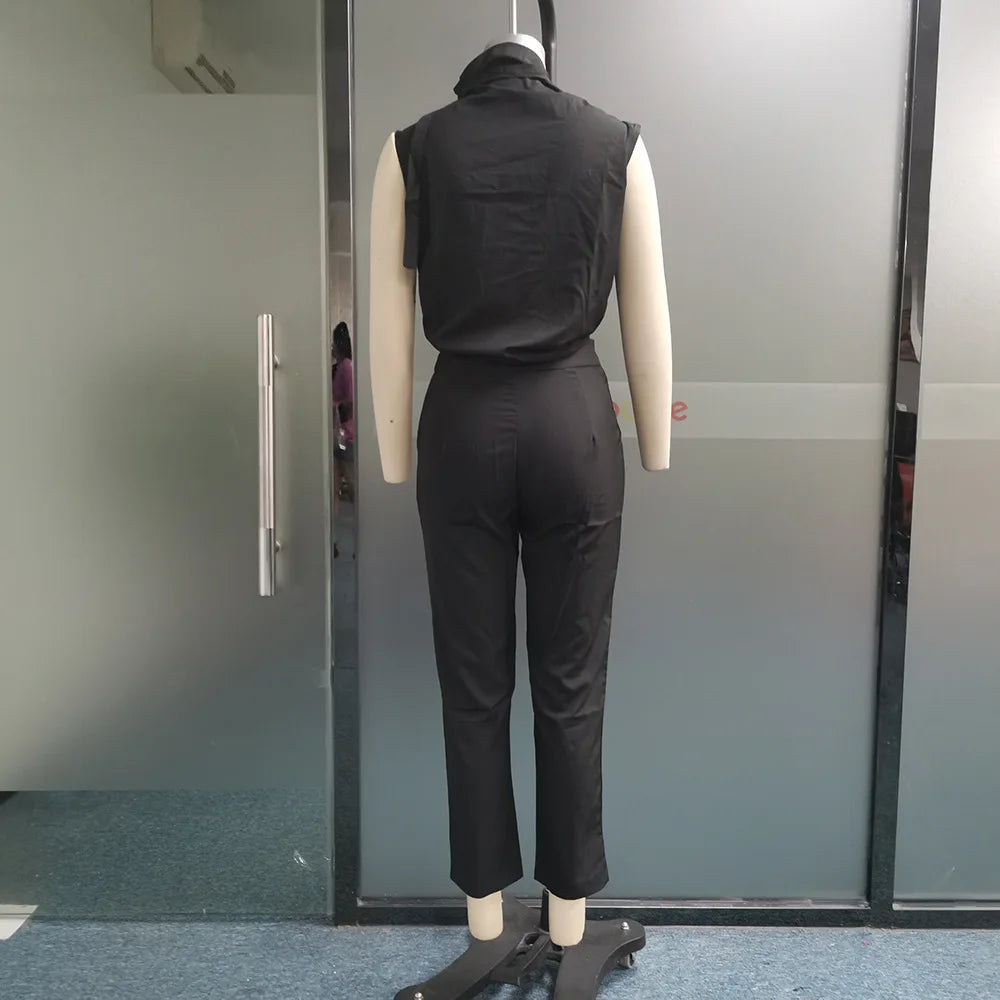 Spring Summer New Women's Clothing Personalized Shoulder Slimming Waist-Slimming Belt Decoration Blouse Top Pants Set.