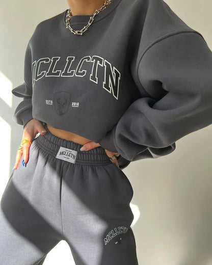 Warm Suit Autumn Winter Women Solid Set Elegant O-neck Pullover Hoodie And Pocket Trousers Two-Piece Set Lady Casual Loose Sets