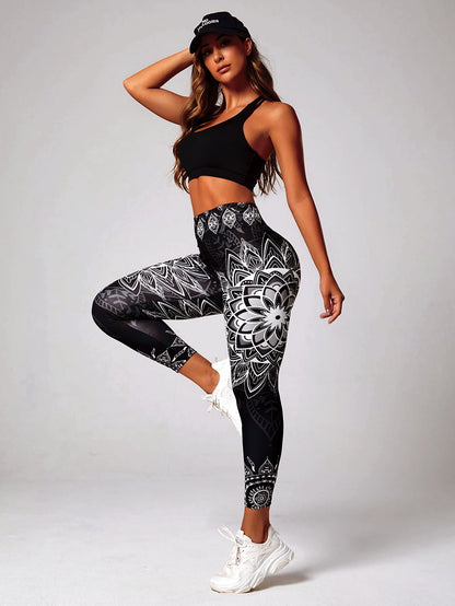 Lotus patterned high waisted leggings, suitable for yoga, running, and dancing as hip lifting sportswear - sporty and fashionabl.
