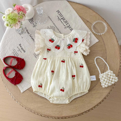 0-2 Jahre Babykleidung, Spitzenkragen-Body, Kirschstickerei, Baby-Body und einteilige Kleinkind-Geburtstagskleidung