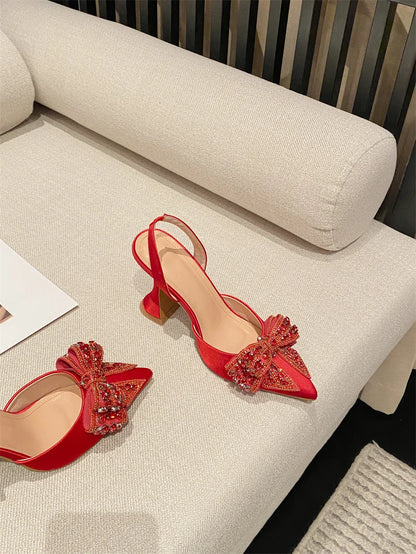 Liyke Spring Summer Fashion Rhinestone Bowknot Women Pumps Sexy Silk Pointed Toe Strange High Heels Party Prom Shoes Gold Silver.