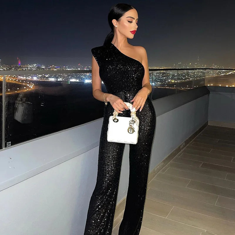 2025 new solid color fashion shoulder sequined jumpsuit party trousers women's solid color party MQ22A07.