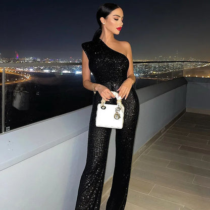 2025 new solid color fashion shoulder sequined jumpsuit party trousers women's solid color party MQ22A07.