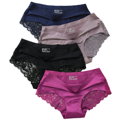 2 Articles Ice Silk Panties Female Mid-waist Non-marking Lace Cotton Crotch Skin-friendly Large Size Breathable Ultra-thin Young.