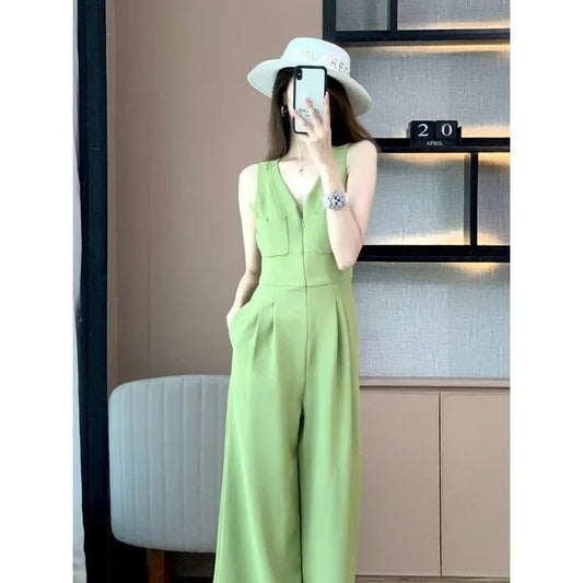 Women's Wide Leg Jumpsuit Pants 2025 Summer New Casual Straight Tube Sports Overalls V-neck Sleeveless Bodysuit For Women Romper.