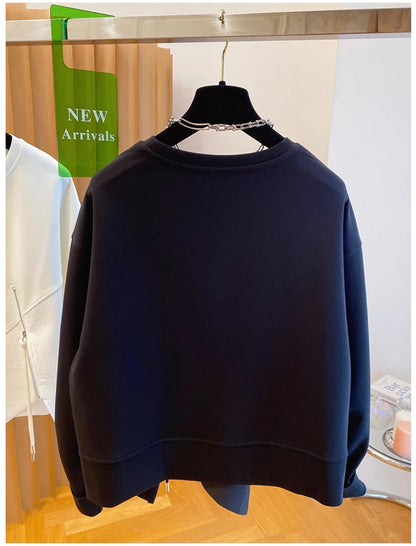 Autumn and Winter Women's Pullover Round Neck Hoodie Lazy Style Splicing Design Loose Long Sleeve Tops.