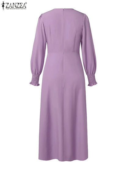 ZANZEA Elegantes Damen-Plisseekleid, edel, gesmokte Bündchen, langärmelig, O-Ausschnitt, Fit und Flare, lang, Vestidos, Pendeln, solide Party-Roben