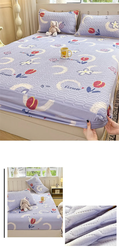 Thicken Bed Cover Waterproof Mattress Protector Elastic Bedspread Printed Bed Linen for Home 매트리스 커버 (No Pillowcase).