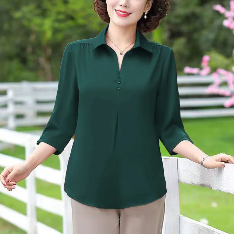 1pcs Woman Summer Solid Blouses Shirt Lady Thin Pullover Shirt Female Casual Half Sleeve Turn-down Collar Loose Top Mom Clothing.