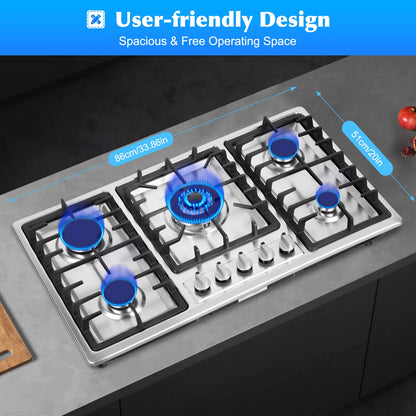 Stainless Steel Gas Cooktop with 5 Burners Electronic Pulse Ignition Built-in 3kw 2.75kw 1.75kw 1.75kw 1kw Gas Cooktop.