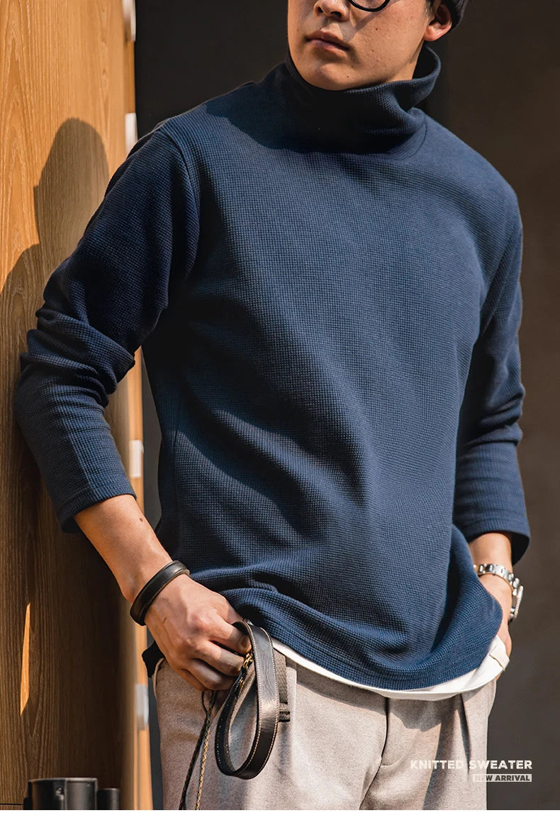 Maden Casual Gray Knitted Turtleneck Sweaters Men's Vintage 310g High Collar Waffle Pullovers Basic Fashion Black Warm Jumper