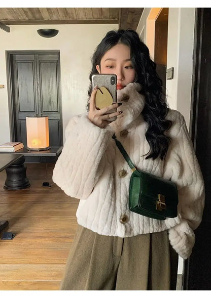 2025 Winter Fashion Stand Collar Warm Plush Short Jacket Women Autumn Retro Street Thickened Loose Harajuku Casual Short Jacket