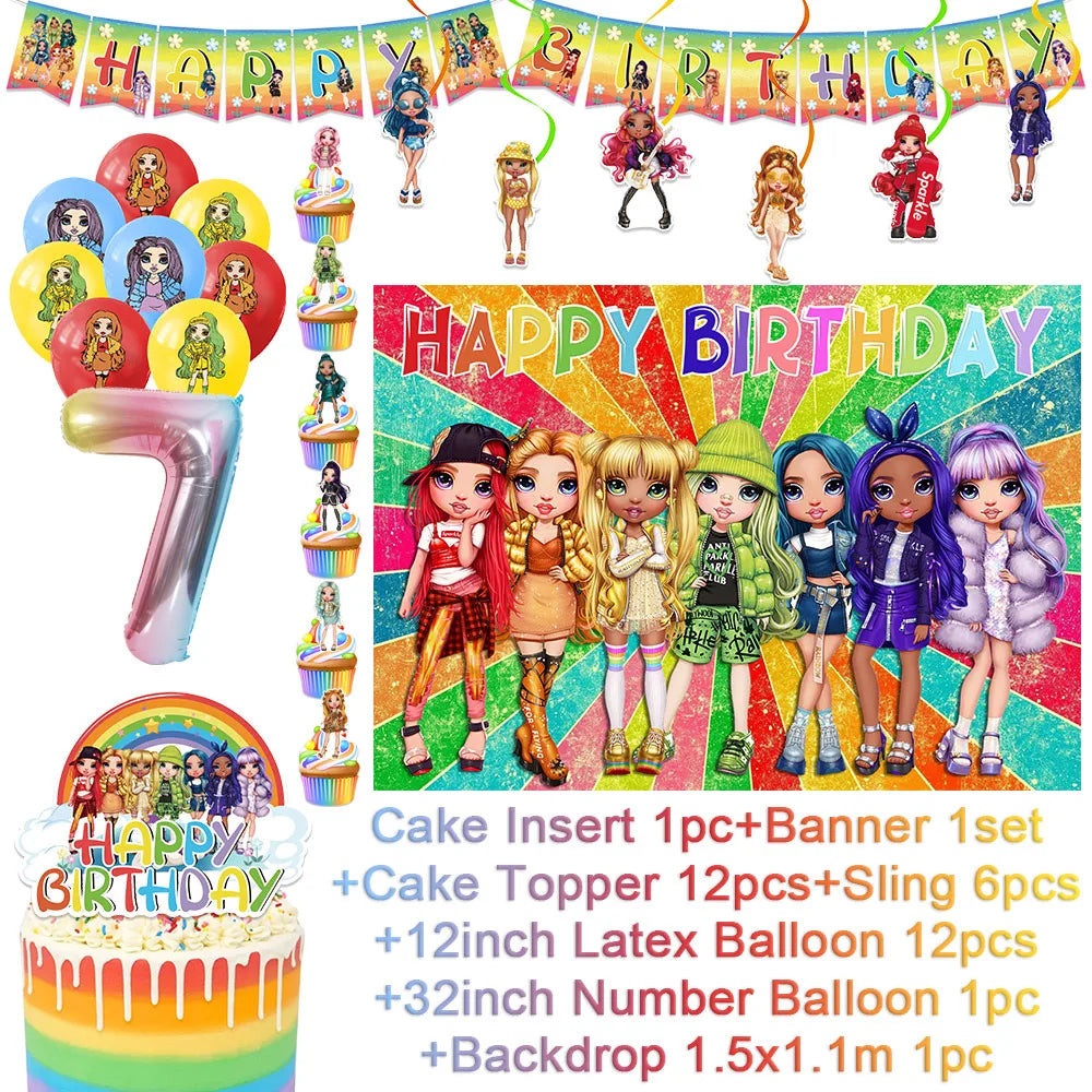 Cartoon Regenbogen Puppe High School Thema Hintergrund Geburtstag Party Dekoration Lieferungen Einweg Tasse Besteck Ballon Baby Geschenk