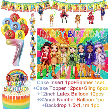 Cartoon Regenbogen Puppe High School Thema Hintergrund Geburtstag Party Dekoration Lieferungen Einweg Tasse Besteck Ballon Baby Geschenk