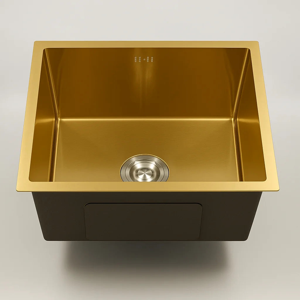 Unterbau-Küchenspüle aus Edelstahl mit abgerundeter Einzelschüssel, goldenes großes Spülbecken mit Abflussmontage