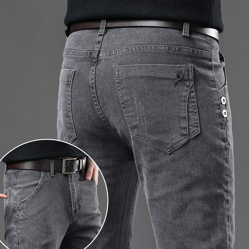 New Pure Gray Korean Slim Jeans Men's Stretch Tight Trendy Jean Trousers Branded Streetwear Comfortable Man Clothing Pants