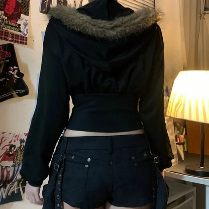 Goth Dark Autumn Winter Faux Fur Collar Solid Hooded Coats Women Casual Slim Waist Zip Hoodies Gothic Jackets Chic Streetwear.