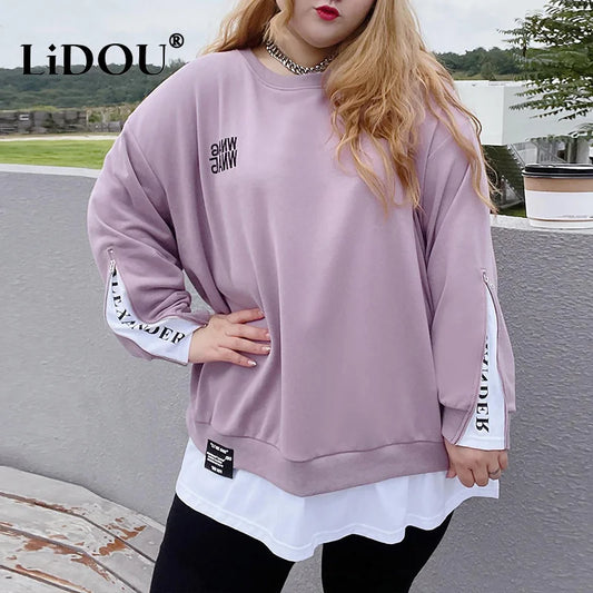 Frühling Herbst Neue Koreanische Mode Zwei Gefälschte Stücke Plus Größe Sweatshirt Frauen Brief Patchwork Casual Dame Tops Übergroße Kleidung.