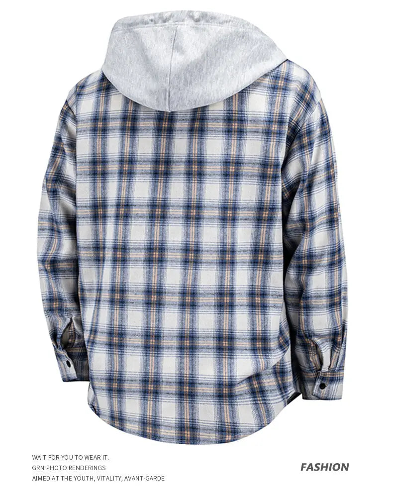 Hooded men's and women's wearable plaid shirts, Japanese shirt jackets for spring and fall, loose-fitting long-sleeve jackets..