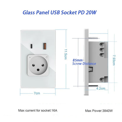 Melery Wifi Smart Israel Steckdose USB Stecker Steckdose Typ-C PD 20/30W Schnelle Ladung glas Panel Fernbedienung Alexa Google Hause.