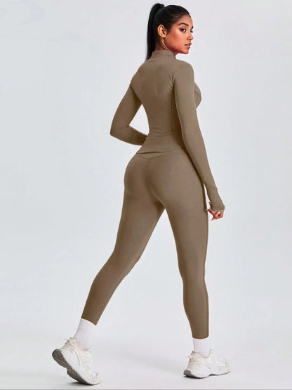 Fitfemme Two-piece Set Women's Solid Zip UpMock Neck Sports Jacket & HighWaist Leggings Set, SportyBreathable Quick Drying.