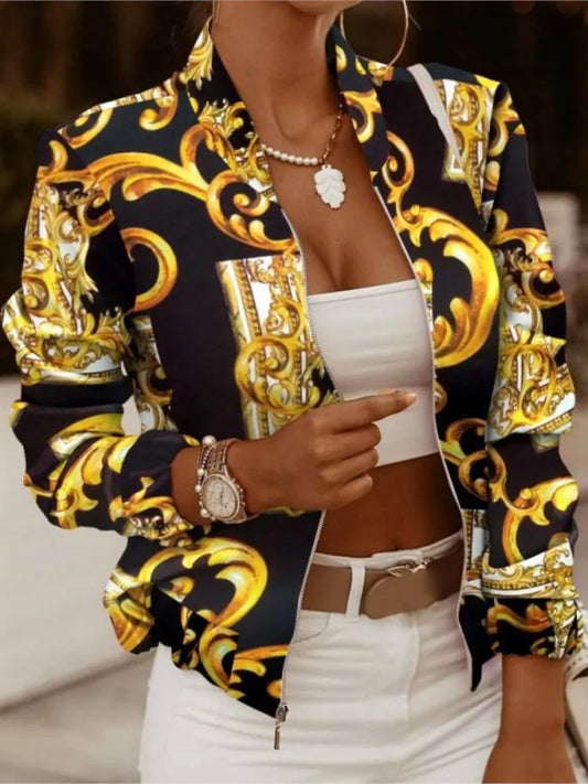 Mode Frauen Jacken Dünne Kurze Mäntel Herbst Vintage Print Lange Sleeve Zipper Dünne Jacke 2024 Casual Oberbekleidung Weibliche Jacke