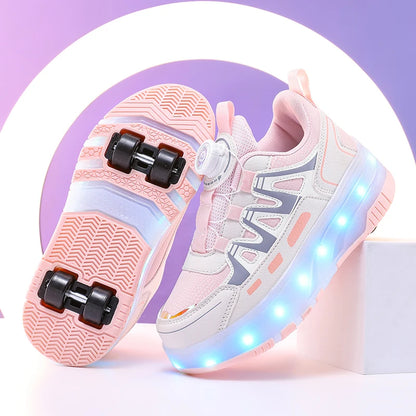 Children Four Wheels Luminous Glowing Sneakers Black Pink Led Light Roller Skate Shoes Kids Led Shoes Boys Girls USB Charging