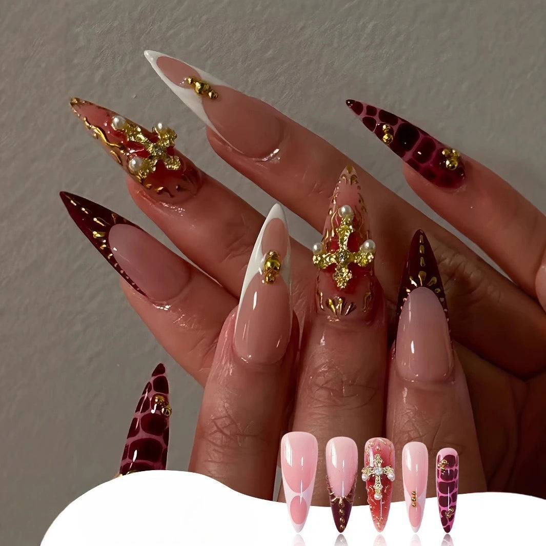 24Pcs False Nails Spicy Girl Silver Bow with Diamond Fake Nails with Glue Almond Press on Nails Black Cool Y2k Almond Nail Set