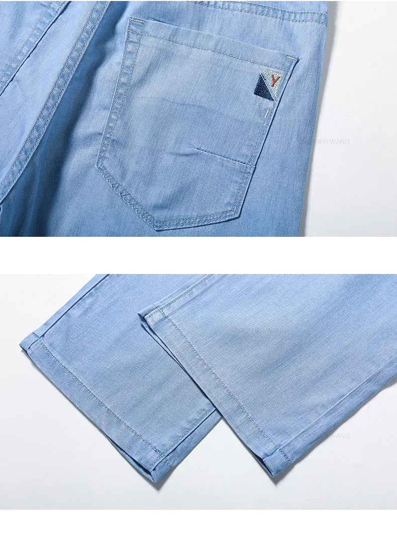 Summer Ultra Thin Men's Loose Jeans Lyocell Ice Silk Fashion Casual Business Denim Pants Straight Stretch Male Trousers